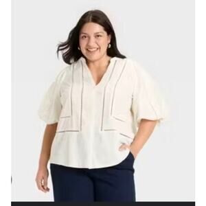Ava & Viv White Puff Sleeve Blouse 1X Cottagecore Boho Ladder Lace Top